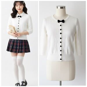 Collectif x ModCloth Layla Ivory Cardigan Black Velvet Bows/Buttons Size XS